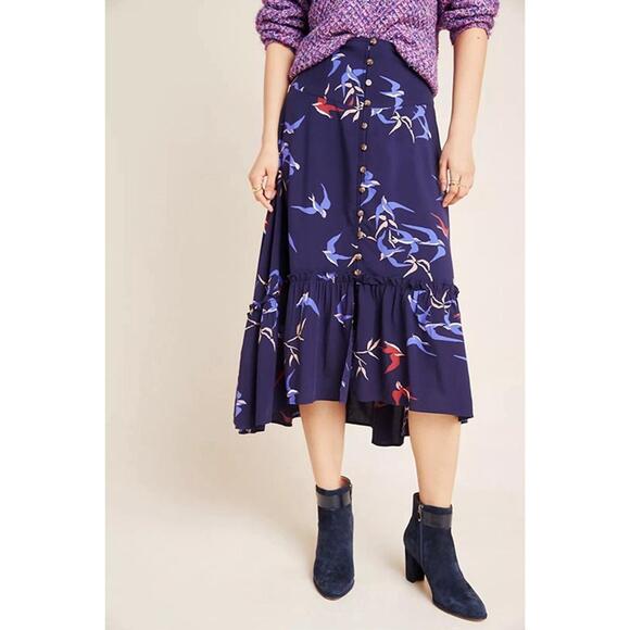 Anthropologie Maeve Women’s Midi Skirt Size US 6 Merida Birds Graphic Flounced - Picture 1 of 10